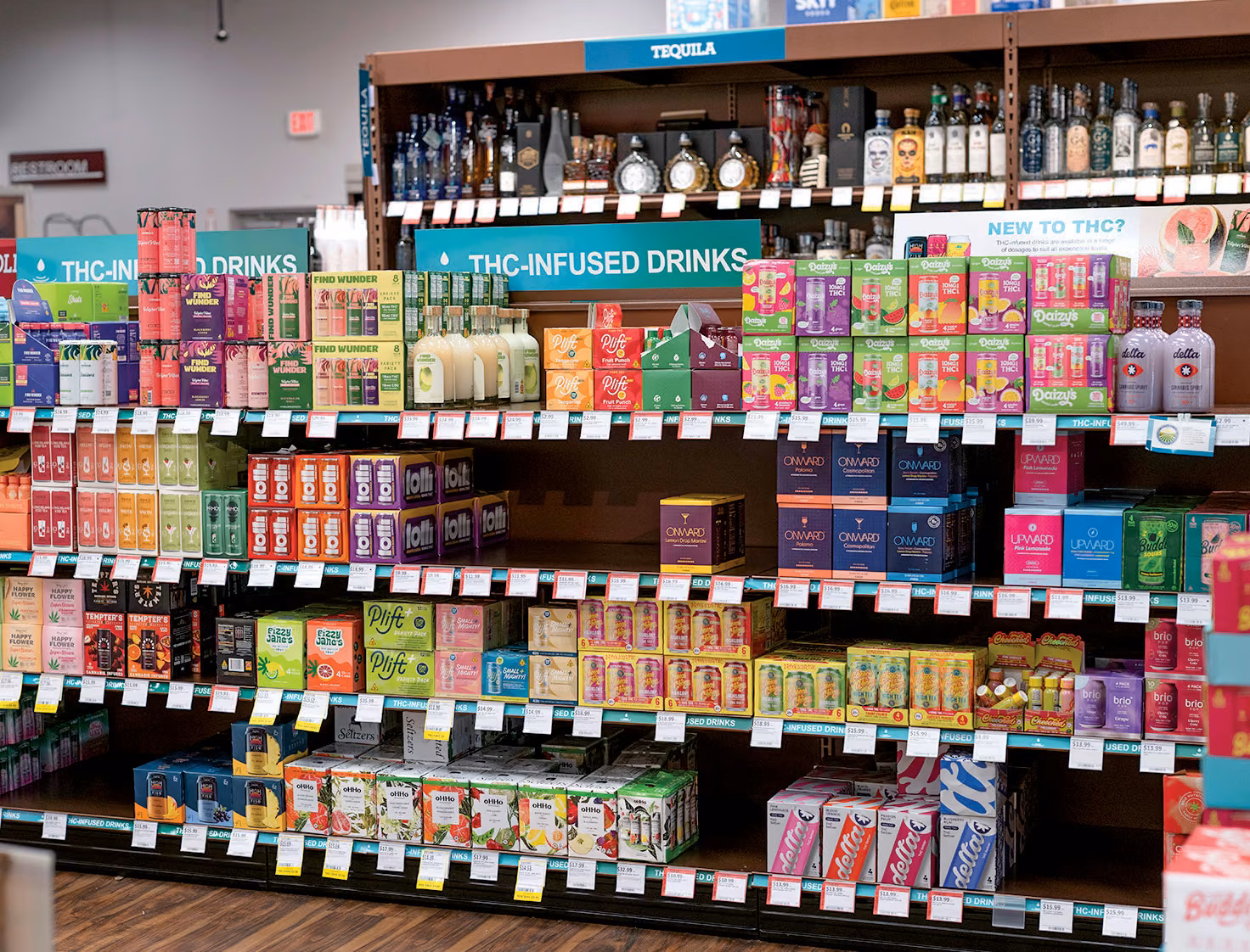 THC beverage shelves at ABC Fine Wine & Spirits